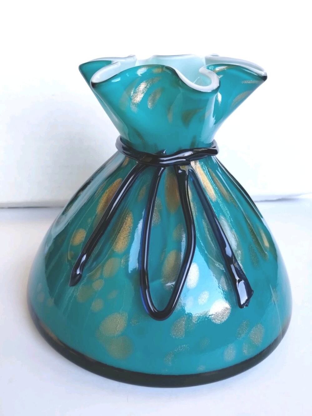 Vintage MCM Art Glass Blue-Green Gold Splashed Ruffled Lip Drawstring Purse Vase